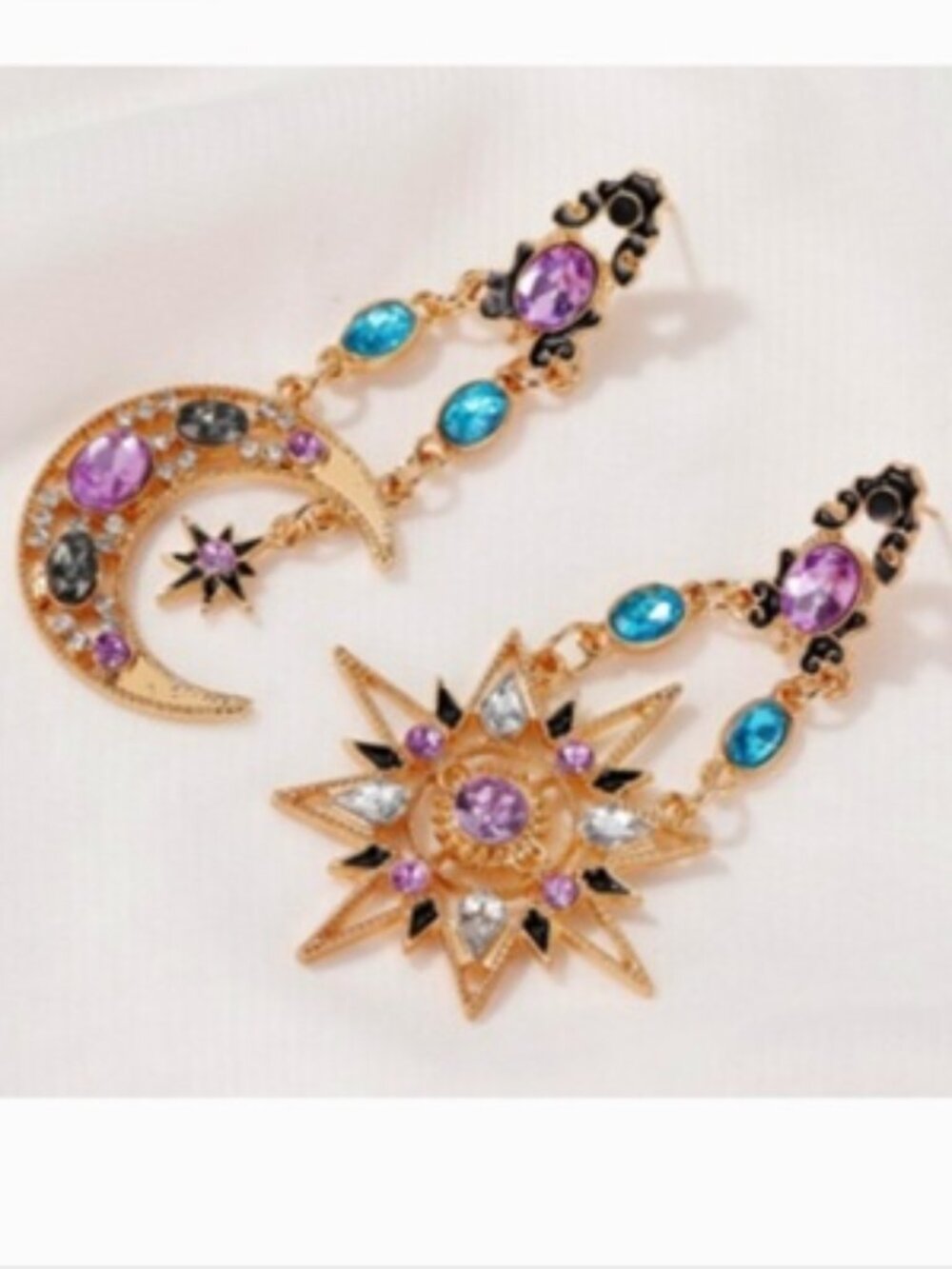 DESIGNER Celestial Gold Starburst & Moon Multicolor Crystal Mismatch Earrings - Picture 2 of 4